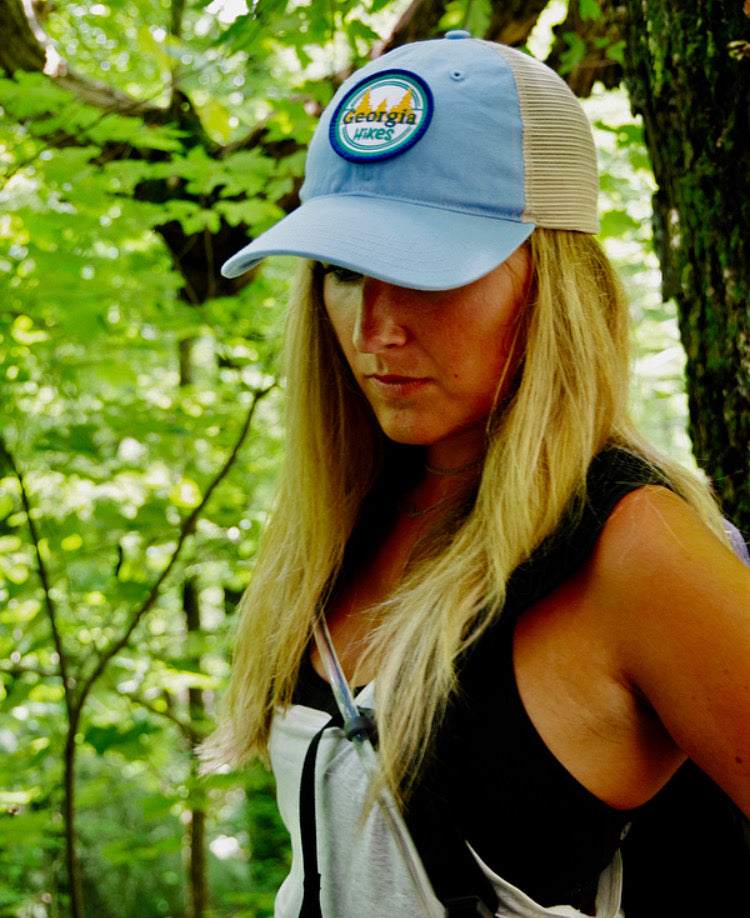 Georgia Hikes Baby Blue Logo Hat Female Model Lifestyle Image