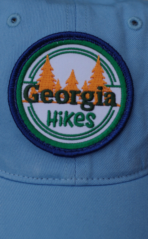 Georgia Hikes Baby Blue Hat Closeup of Embroidered Logo